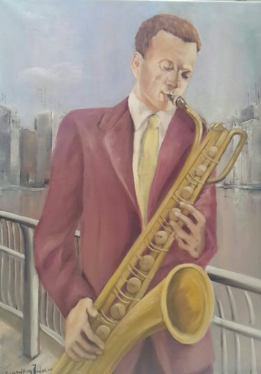 Painting titled "GERRY MULLIGAN" by Giuseppina Federico, Original Artwork, Oil Mounted on Wood Stretcher frame