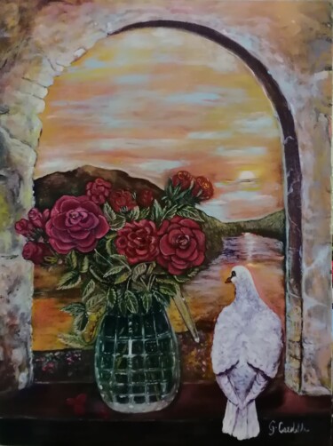 Painting titled "Tramonto con colomba" by Cardellarte, Original Artwork, Acrylic