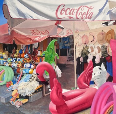 Schilderij getiteld "Flamingo&CocaCola" door Edmond Gjikopulli, Origineel Kunstwerk, Olie Gemonteerd op Frame voor houten br…