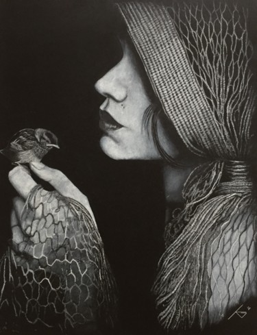 Drawing titled "La femme et l’oiseau" by Gerald Ksavrelof, Original Artwork, Pencil