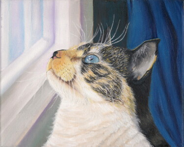 Painting titled "Cat by the Window" by Gladys Jimenez, Original Artwork, Oil