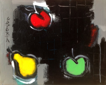Painting titled "3 fruits nappe noir…" by Gilbert Laporta, Original Artwork, Acrylic