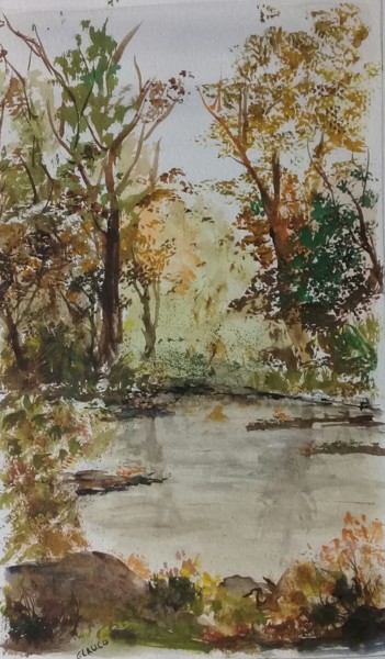 Painting titled "Pond and Trees" by Glauco, Original Artwork, Watercolor