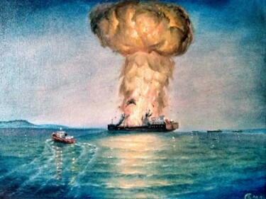 Painting titled "Взрыв танкера" by Gleb Blagozhnikov, Original Artwork, Oil