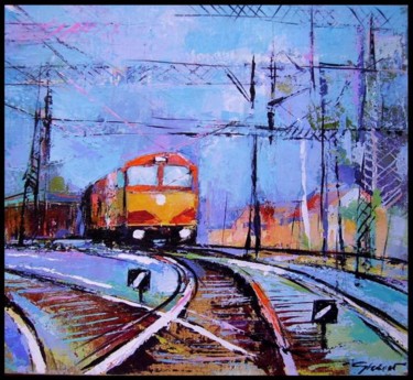 Painting titled "bleu train" by Gleisner, Original Artwork, Oil