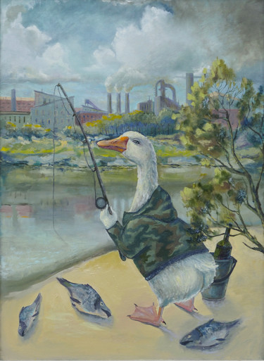 Painting titled ""Fishing"" by Glo Bah, Original Artwork, Oil