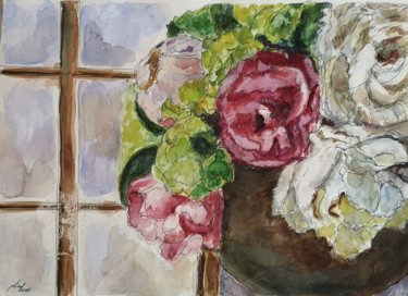 Painting titled "Fleurs" by G Riart, Original Artwork, Watercolor Mounted on Cardboard