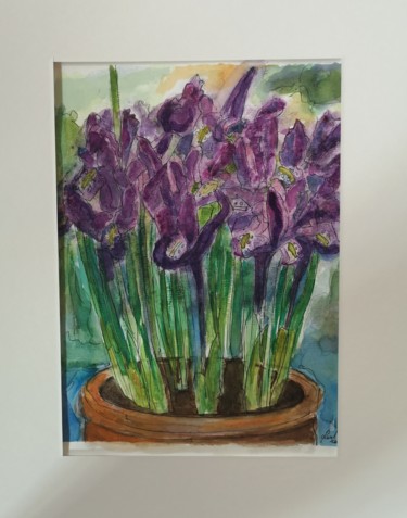 Painting titled "Flors lilas" by G Riart, Original Artwork, Watercolor Mounted on Cardboard