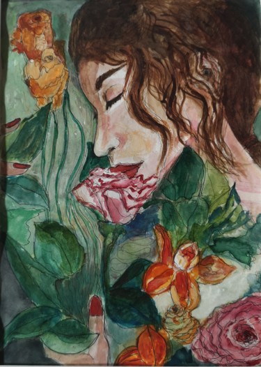 Painting titled "Demoiselle" by G Riart, Original Artwork, Watercolor Mounted on Cardboard