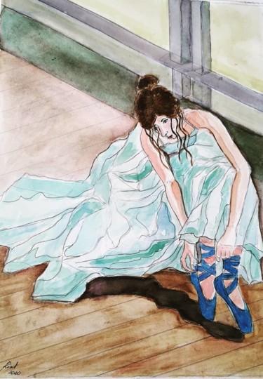 Pintura titulada "Bailarina sentada" por G Riart, Obra de arte original, Acuarela Montado en Cartulina