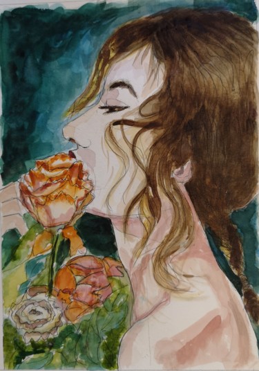 Painting titled "Jeune femme avec fl…" by G Riart, Original Artwork, Watercolor Mounted on Cardboard