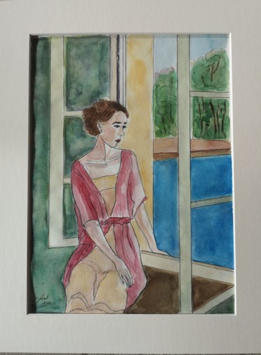 Painting titled "La noia de la fines…" by G Riart, Original Artwork, Watercolor Mounted on Cardboard