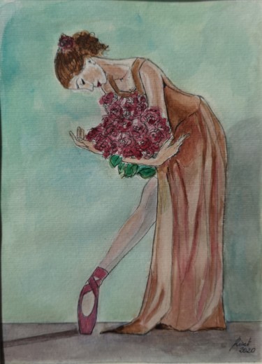 Pintura titulada "Noia del vestit ros…" por G Riart, Obra de arte original, Acuarela Montado en Cartulina