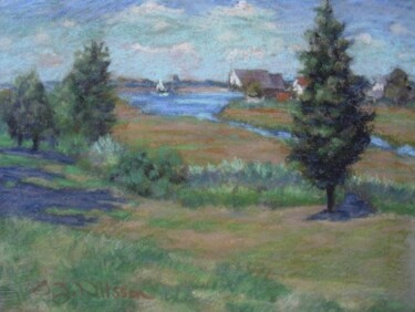 Painting titled "Golden Marshland" by Gloria Nilsson, Original Artwork, Oil
