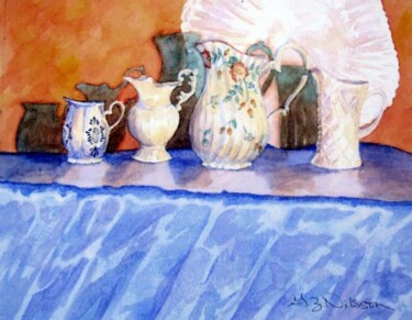 Painting titled "Creamers in a Row" by Gloria Nilsson, Original Artwork, Watercolor