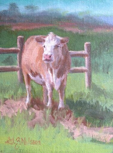 Schilderij getiteld "Cow in Pasture" door Gloria Nilsson, Origineel Kunstwerk, Olie