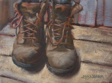 Painting titled "Tired Boots" by Gloria Nilsson, Original Artwork, Oil