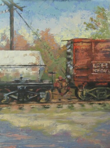Malerei mit dem Titel "Between Cars" von Gloria Nilsson, Original-Kunstwerk, Öl
