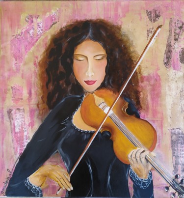 Painting titled "La Violoniste" by Geneviève Madrigal, Original Artwork, Oil Mounted on Wood Stretcher frame
