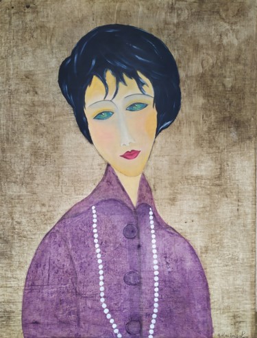 Картина под названием "La Femme au collier" - Geneviève Madrigal, Подлинное произведение искусства, Масло Установлен на Дере…