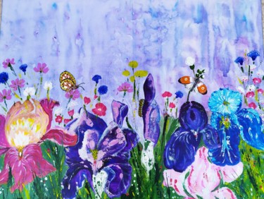 Картина под названием "Les iris "Jardin fl…" - Geneviève Madrigal, Подлинное произведение искусства, Масло Установлен на Дер…
