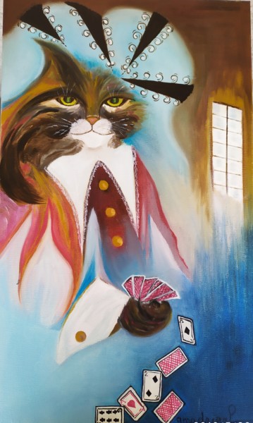 Peinture intitulée "Le Chat Botté joueur" par Geneviève Madrigal, Œuvre d'art originale, Huile Monté sur Châssis en bois