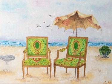 Painting titled "Les JACOB à la plage" by Geneviève Madrigal, Original Artwork, Oil Mounted on Other rigid panel