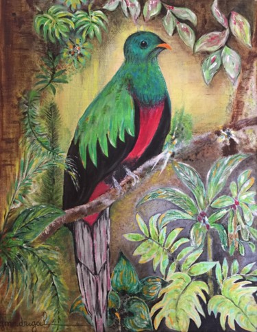 Painting titled "Quetzal Pavonin" by Geneviève Madrigal, Original Artwork, Oil