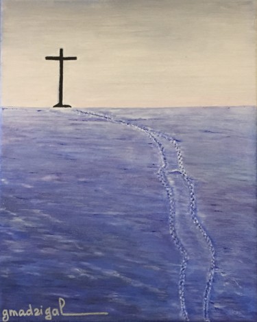 Painting titled "Calvaire sur l'Aubr…" by Geneviève Madrigal, Original Artwork, Oil Mounted on Wood Stretcher frame