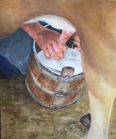 Pintura titulada "LA TRAITE AU PRE" por Geneviève Madrigal, Obra de arte original, Oleo Montado en Bastidor de camilla de ma…