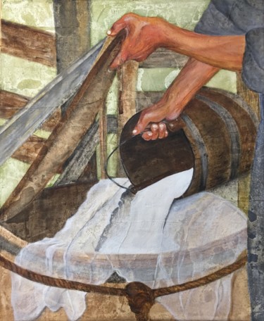Painting titled "Labeur d'antan - Au…" by Geneviève Madrigal, Original Artwork, Oil Mounted on Wood Stretcher frame