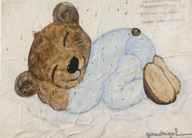 Painting titled "Ourson "fait dodo"" by Geneviève Madrigal, Original Artwork, Oil Mounted on Wood Stretcher frame