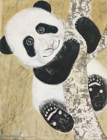 Malerei mit dem Titel "Petit Panda" von Geneviève Madrigal, Original-Kunstwerk, Öl Auf Keilrahmen aus Holz montiert