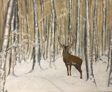 Painting titled "CERF sur l'Aubrac" by Geneviève Madrigal, Original Artwork, Oil Mounted on Wood Stretcher frame