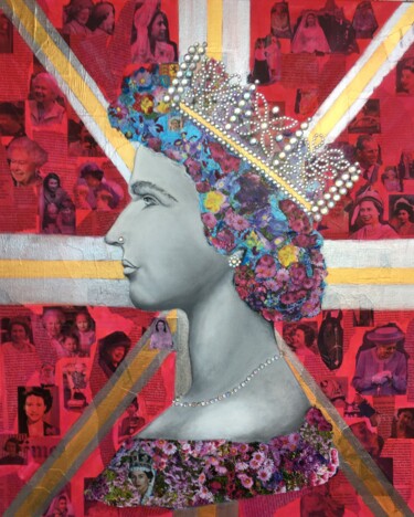 Painting titled "ELISABETH II" by Geneviève Madrigal, Original Artwork, Oil Mounted on Wood Stretcher frame