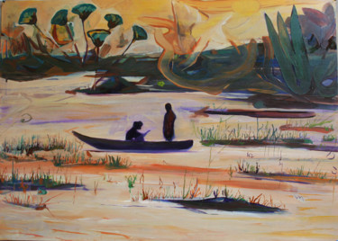 Painting titled "Pêcheurs" by Grégory M. Compagnon, Original Artwork, Oil