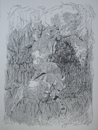 Dessin intitulée "les bisons" par Grégory M. Compagnon, Œuvre d'art originale, Encre