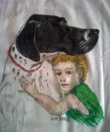 Textile Art titled "Σκύλος και παιδί" by Georgia Melanitou (G.M.), Original Artwork, Pigments