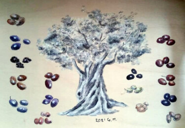Tekening getiteld "Δένδρο ελιάς και κα…" door Georgia Melanitou (G.M.), Origineel Kunstwerk, pigmenten