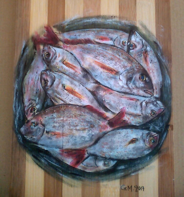 Dessin intitulée "Ασημί ψάρια" par Georgia Melanitou (G.M.), Œuvre d'art originale, Pigments