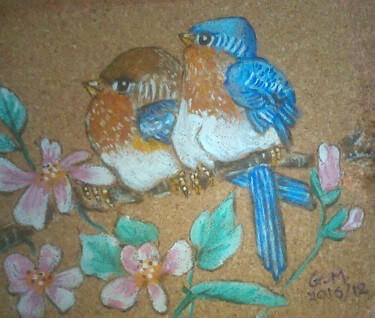 Ζωγραφική με τίτλο "Πουλιά σε κλαδί" από Georgia Melanitou (G.M.), Αυθεντικά έργα τέχνης, Χρωστικές ουσίες