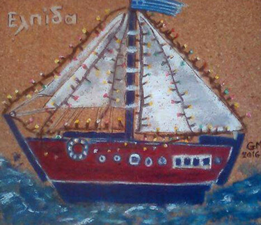 Dibujo titulada "Christmas boat, hop…" por Georgia Melanitou (G.M.), Obra de arte original, Rotulador