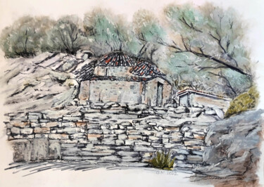 Картина под названием "Εκκλησάκι στα βράχια" - Georgia Melanitou (G.M.), Подлинное произведение искусства, Пастель