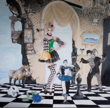 Schilderij getiteld "Harlequin ball" door Grant Netherlands, Origineel Kunstwerk, Olie