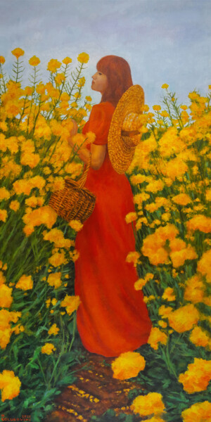 Painting titled "lady in red" by Nikola Golubovski, Original Artwork, Acrylic