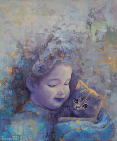 Painting titled "child with cat" by Nikola Golubovski, Original Artwork, Acrylic