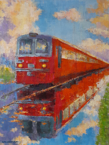 Peinture intitulée "red  train after ra…" par Nikola Golubovski, Œuvre d'art originale, Acrylique