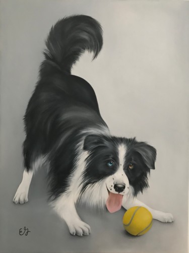 Painting titled "Border collie" by Elise Gobeil, Original Artwork, Oil