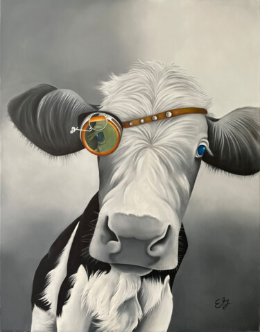 Malerei mit dem Titel "Vache Steampunk" von Elise Gobeil, Original-Kunstwerk, Öl