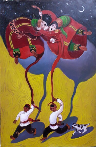 Painting titled "Childreen playing m…" by Gochmuradov Gahryman, Original Artwork, Oil